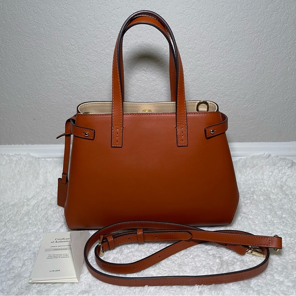 Linjer Cognac Top Handle Sofia Bag in leather, linen lining